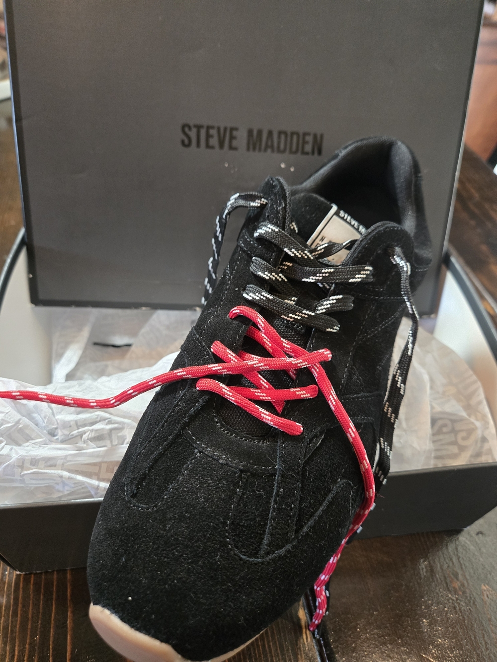 Steve Madden Black Suede Sneaker with Red Laces